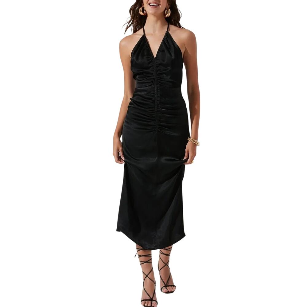 ASTR the Label Toledo Satin Halter Ruched Open Back Midi Dress Black Size M NWT